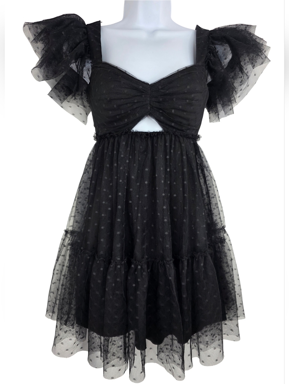 City Studio Black Swiss Dot Puff-Sleeve Mini Dress Size 0 Aj-3519